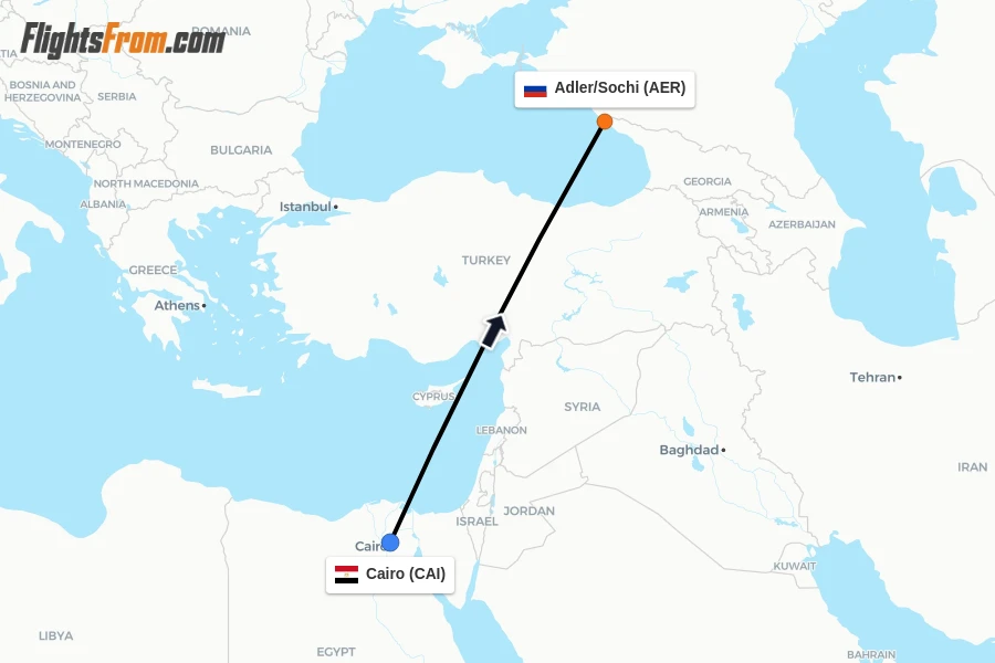 Flights from Cairo to Adler/Sochi route map