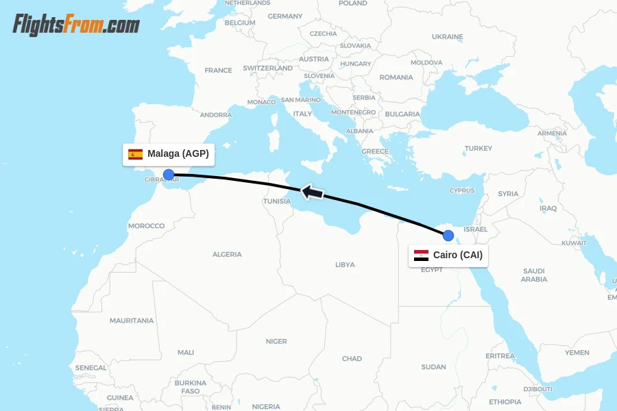 Flights from Cairo to Malaga route map