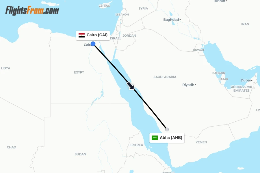 Flights from Cairo to Abha route map