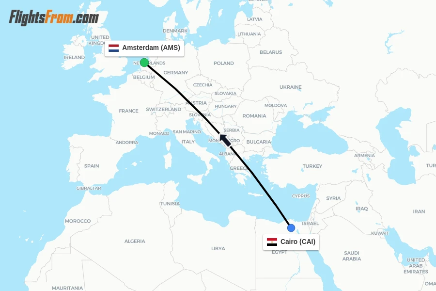 Flights from Cairo to Amsterdam route map