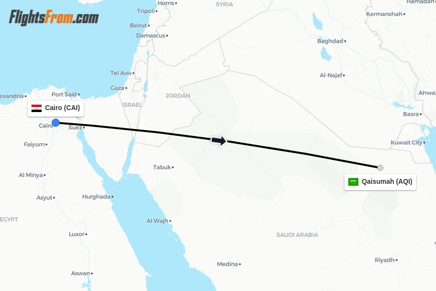 Flights from Cairo to Qaisumah route map
