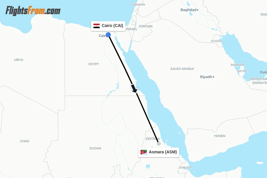 Flights from Cairo to Asmara route map
