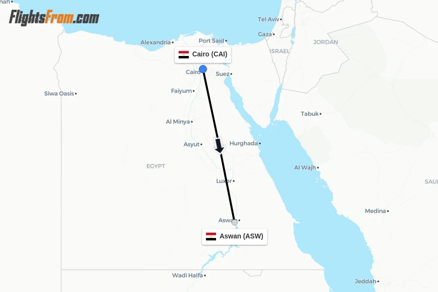 Flights from Cairo to Aswan route map
