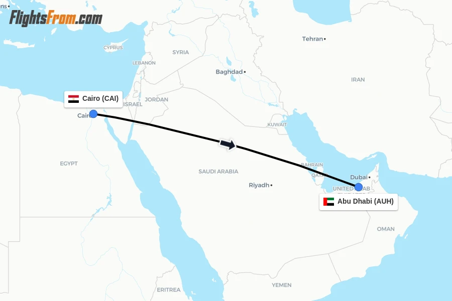 Flights from Cairo to Abu Dhabi route map