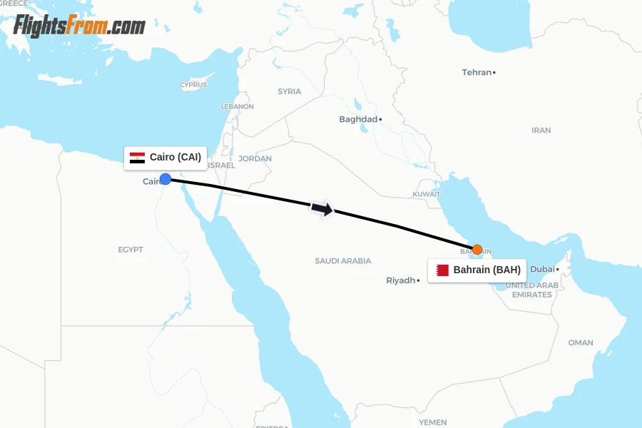 Flights from Cairo to Bahrain route map