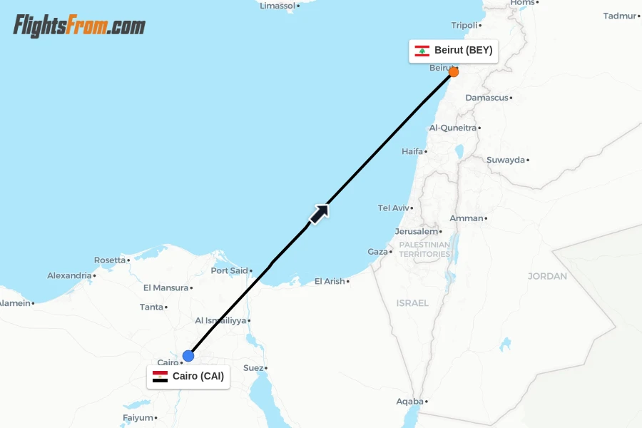 Flights from Cairo to Beirut route map