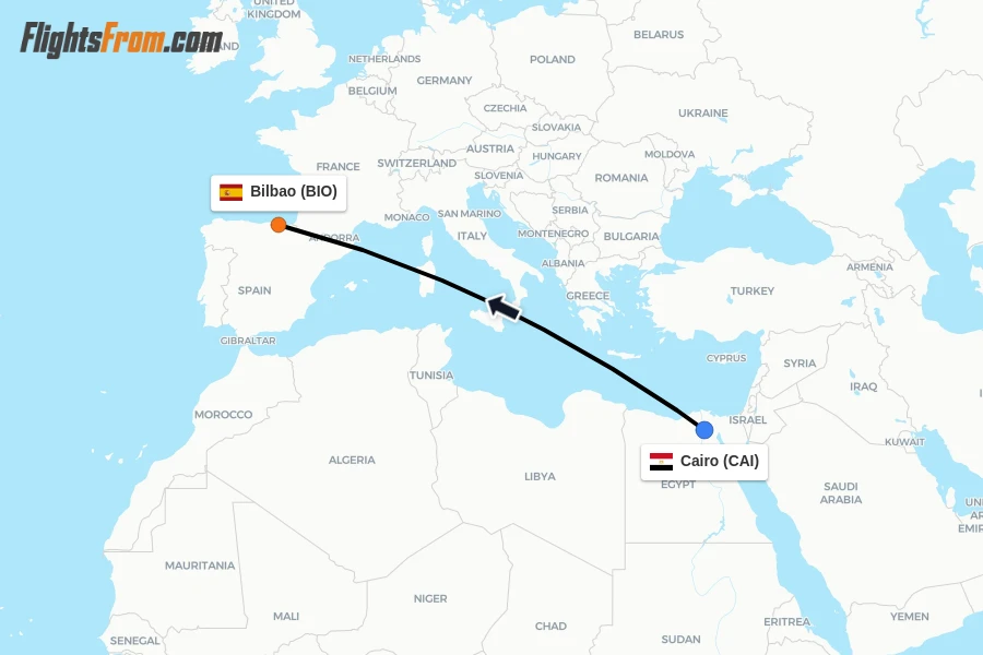Flights from Cairo to Bilbao route map