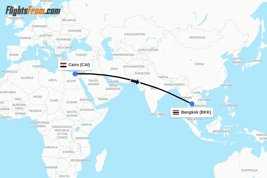 Flights from Cairo to Bangkok route map
