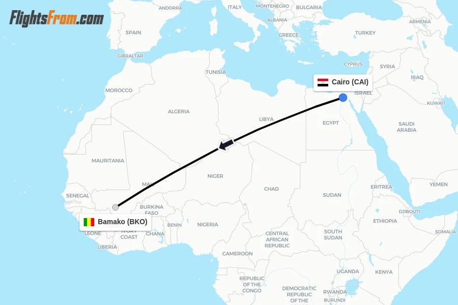 Flights from Cairo to Bamako route map