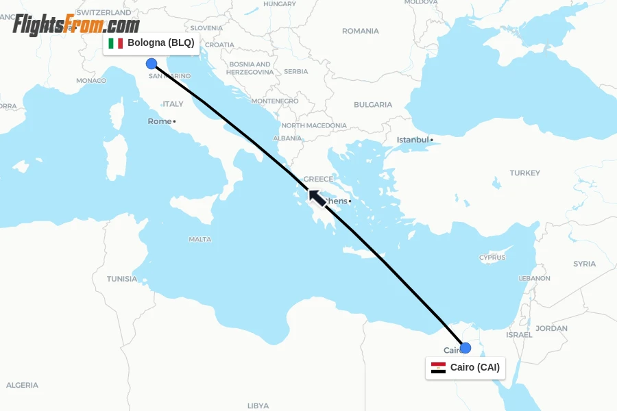 Flights from Cairo to Bologna route map