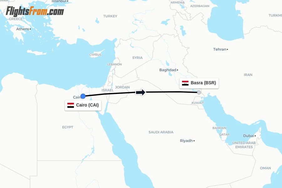 Flights from Cairo to Basra route map