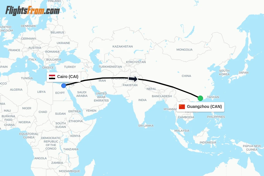 Flights from Cairo to Guangzhou route map