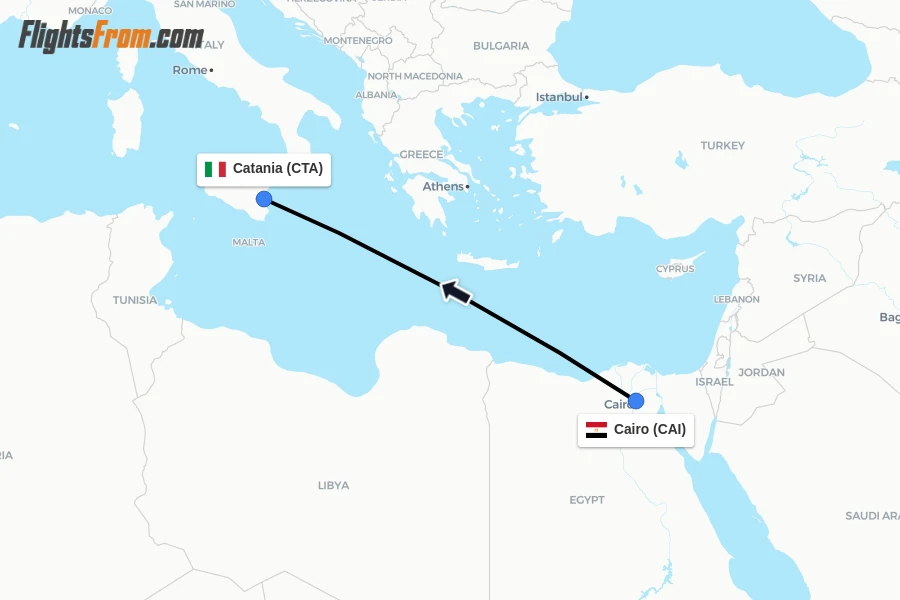 Flights from Cairo to Catania route map