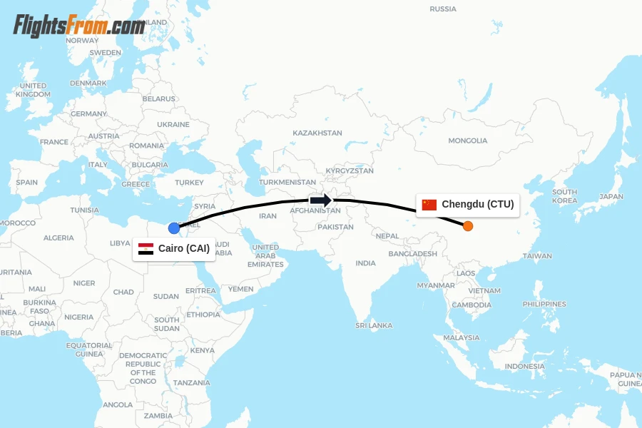 Flights from Cairo to Chengdu route map