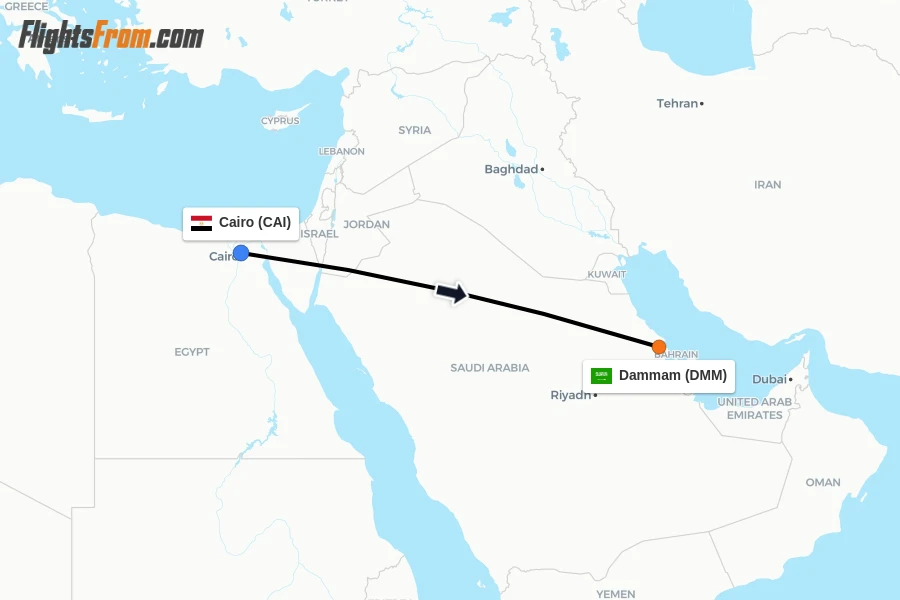 Flights from Cairo to Dammam route map