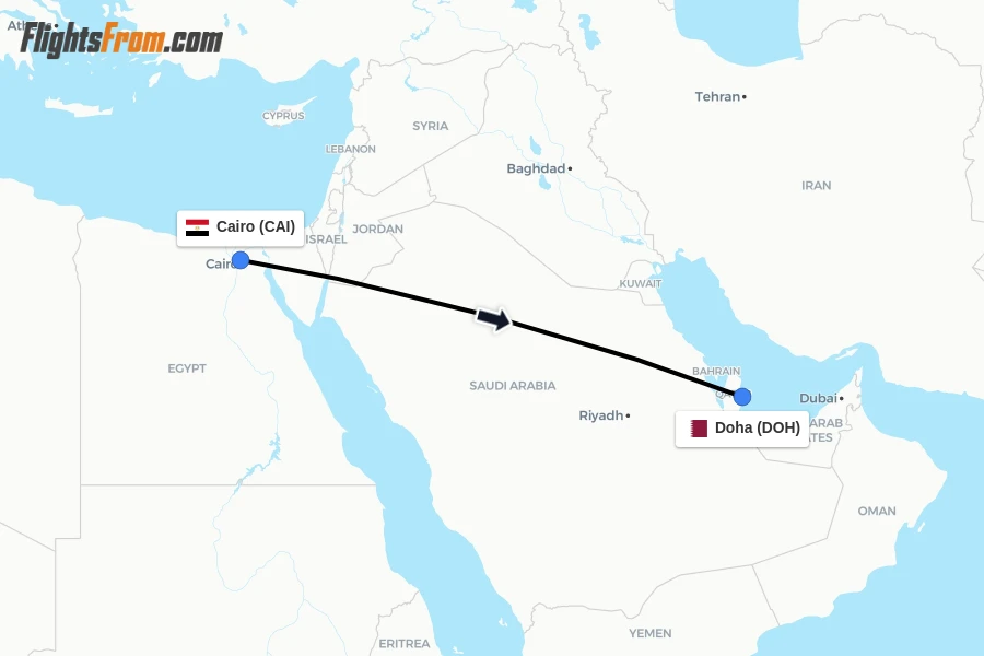 Flights from Cairo to Doha route map