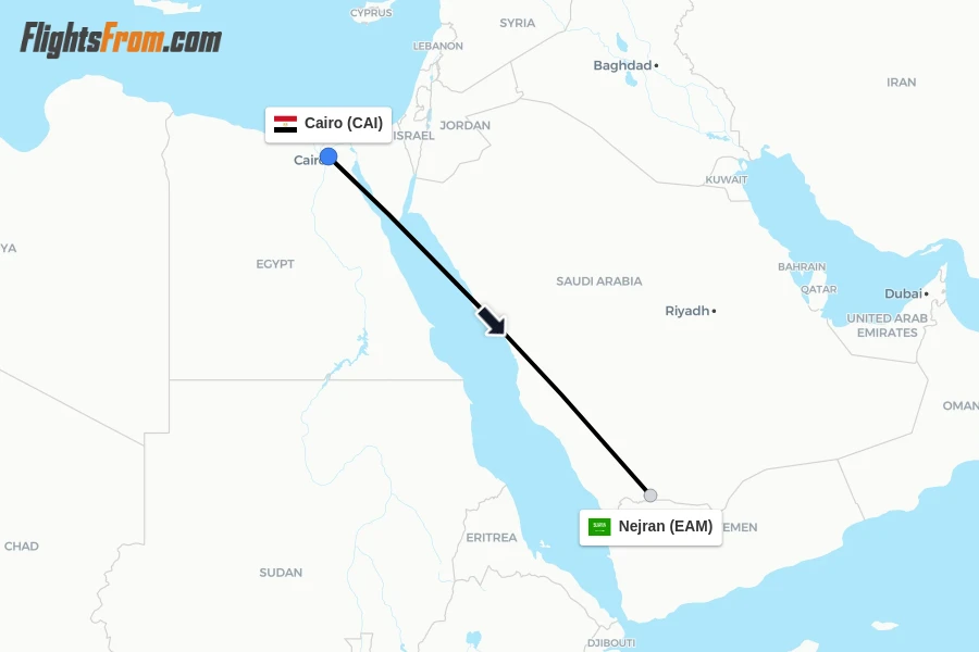 Flights from Cairo to Nejran route map