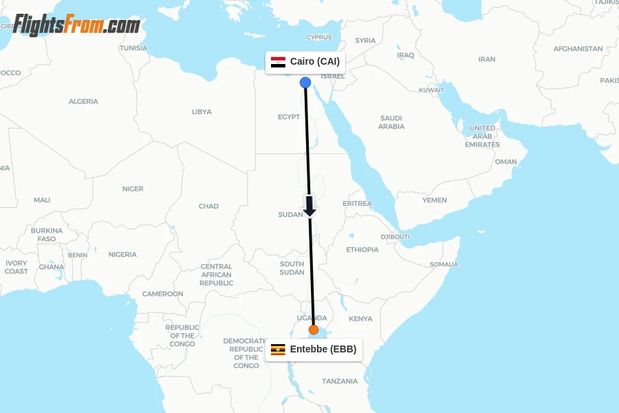 Flights from Cairo to Entebbe route map