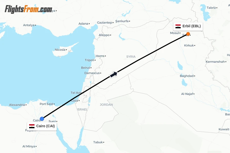 Flights from Cairo to Erbil route map