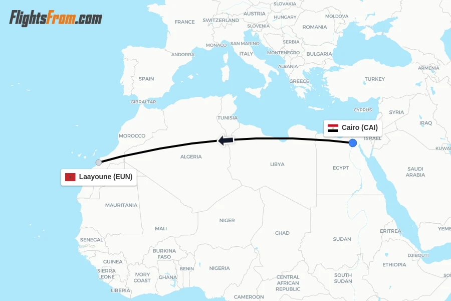 Flights from Cairo to Laayoune route map