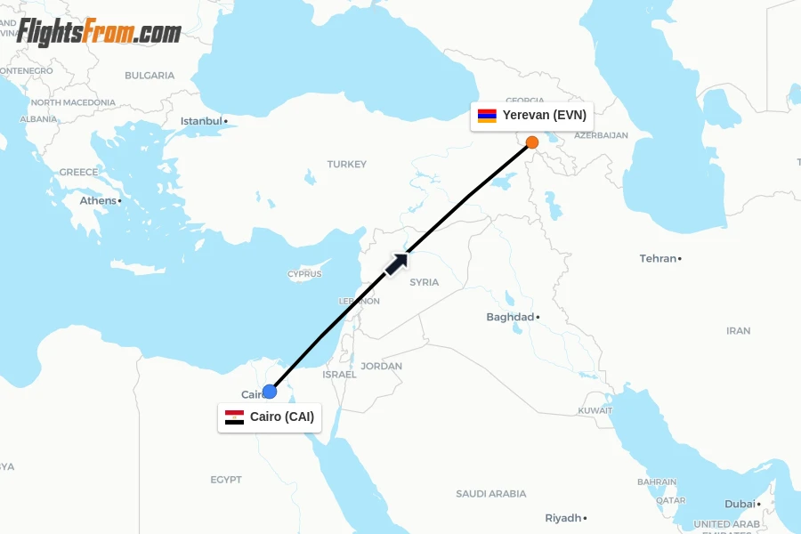 Flights from Cairo to Yerevan route map