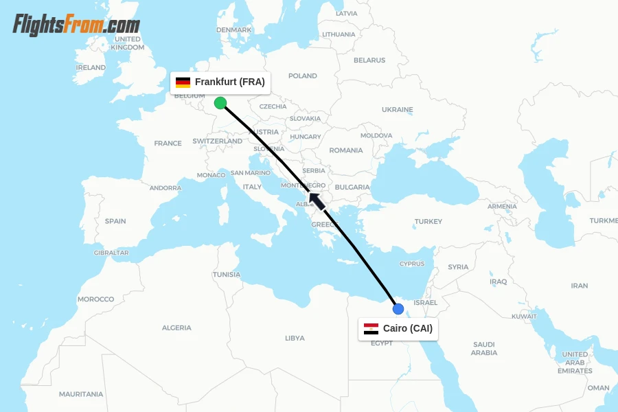 Flights from Cairo to Frankfurt route map