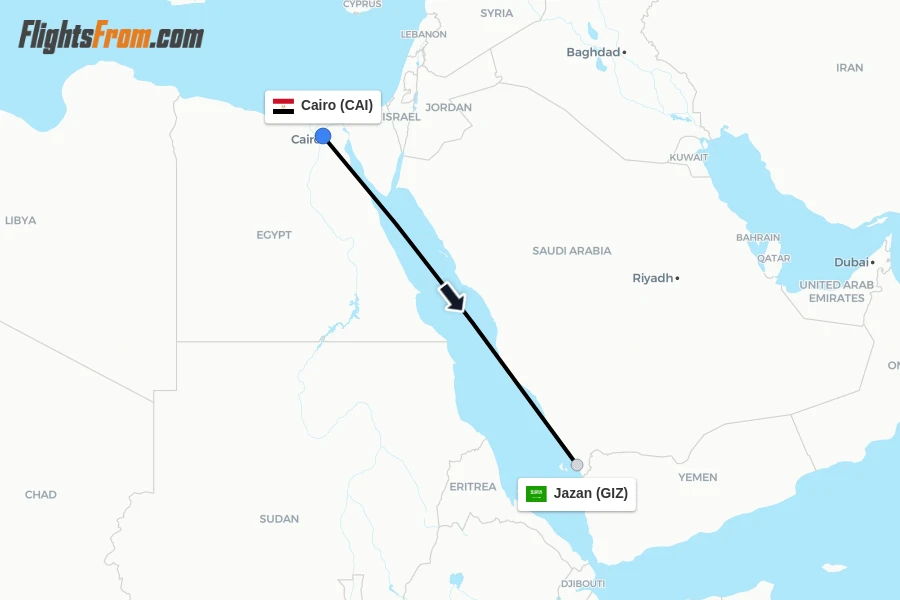 Flights from Cairo to Jazan route map