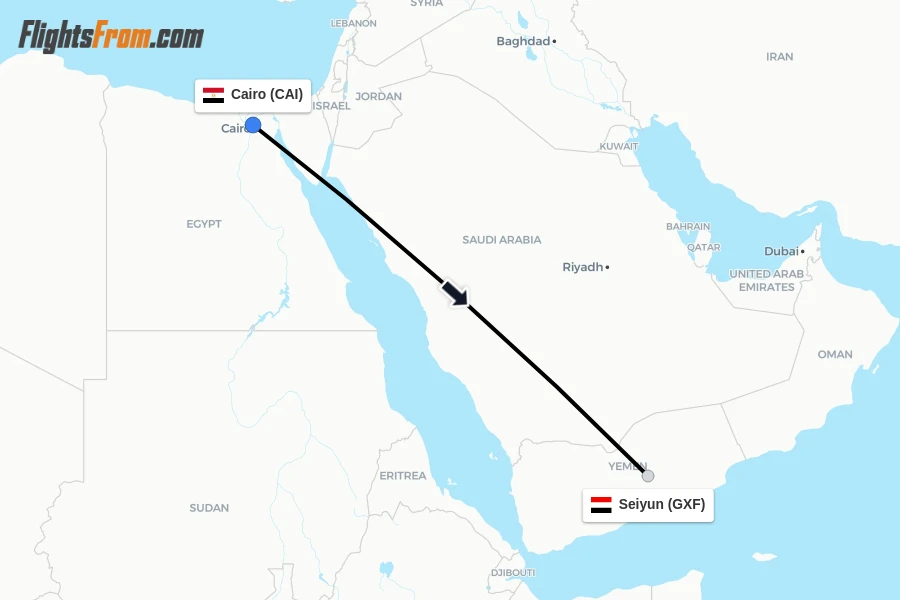 Flights from Cairo to Seiyun route map