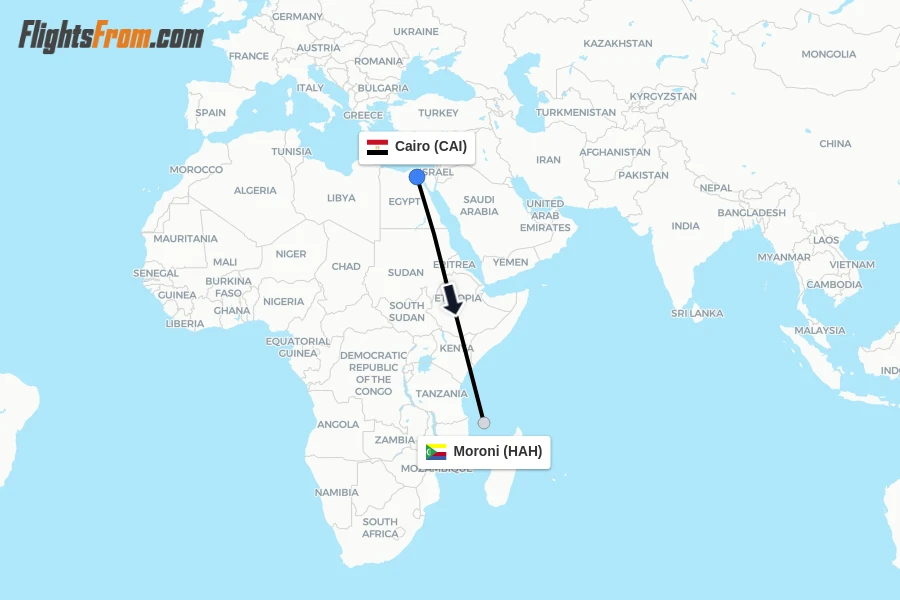 Flights from Cairo to Moroni route map