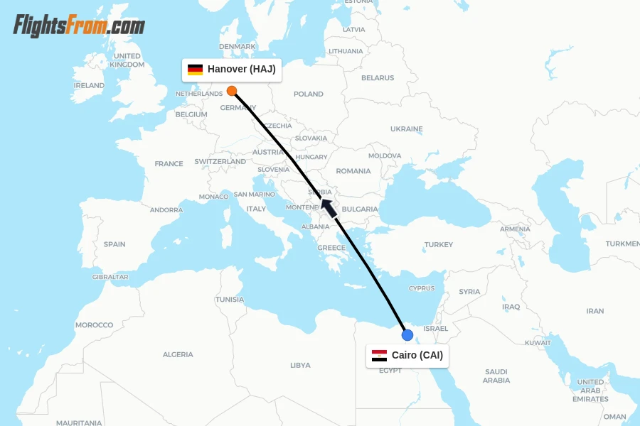 Flights from Cairo to Hanover route map
