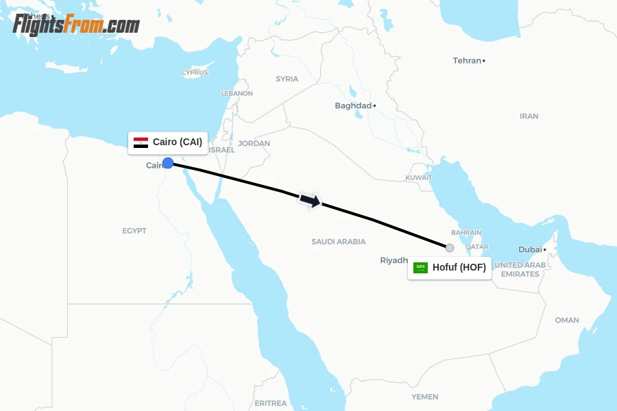 Flights from Cairo to Hofuf route map