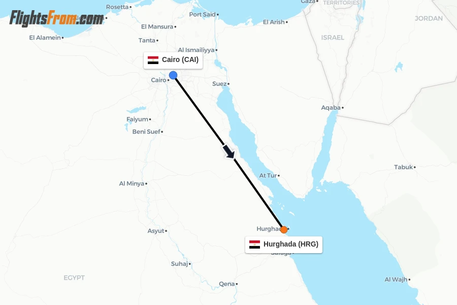 Flights from Cairo to Hurghada route map
