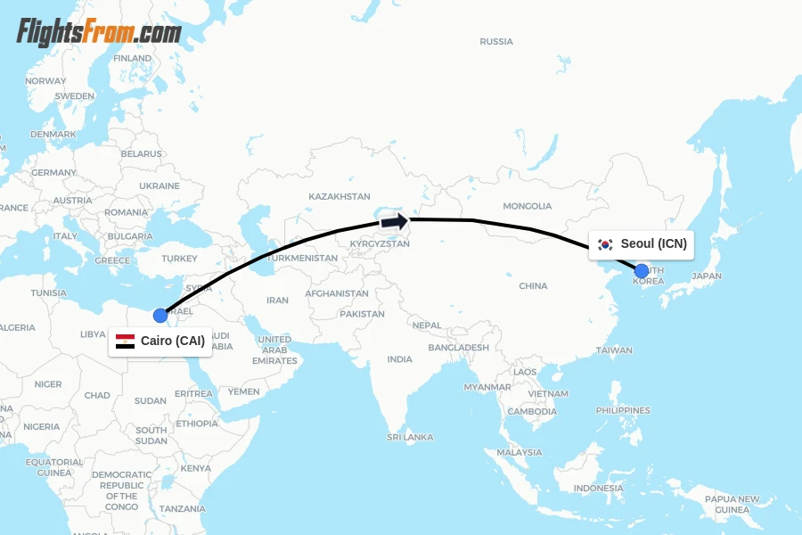 Flights from Cairo to Seoul route map