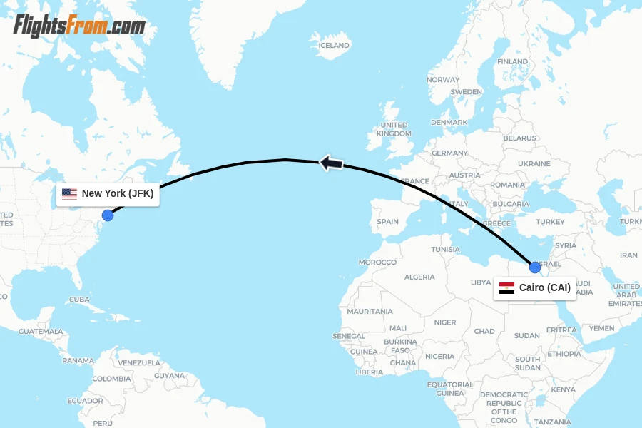 Flights from Cairo to New York route map
