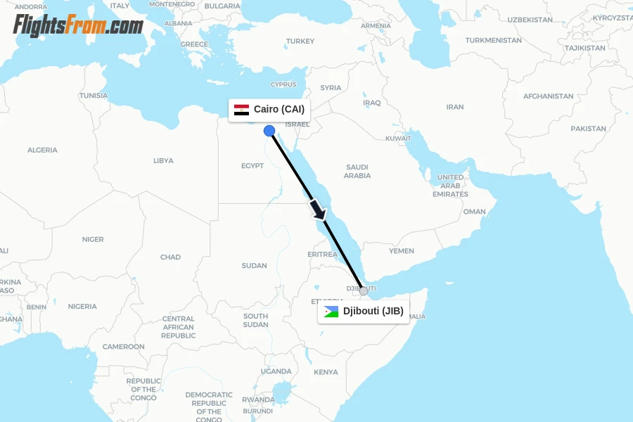 Flights from Cairo to Djibouti route map