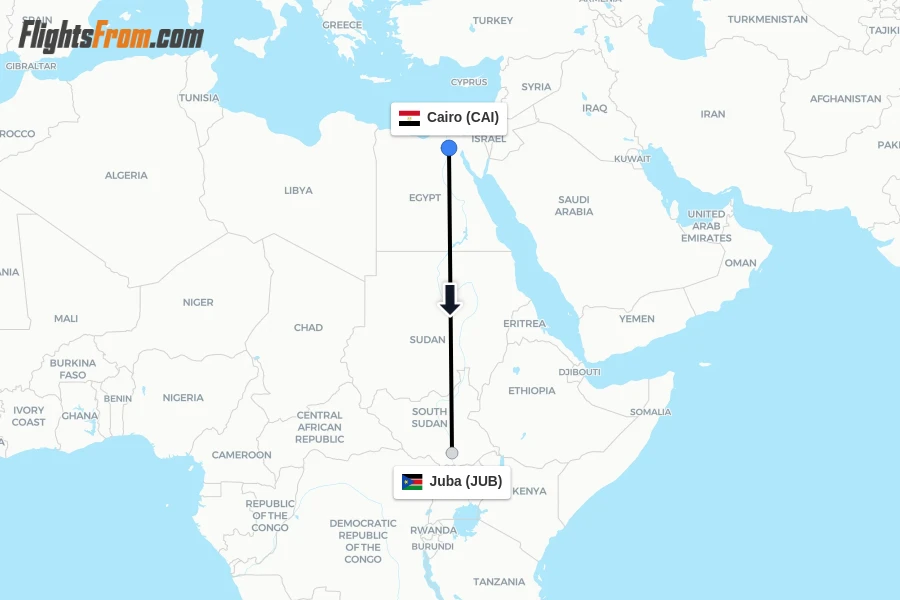 Flights from Cairo to Juba route map