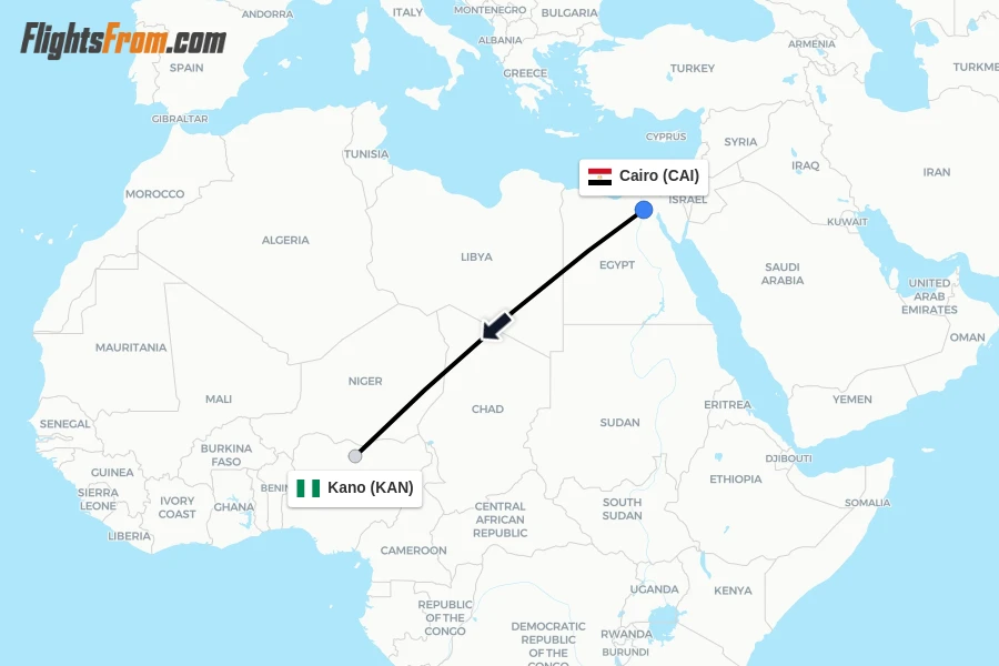 Flights from Cairo to Kano route map