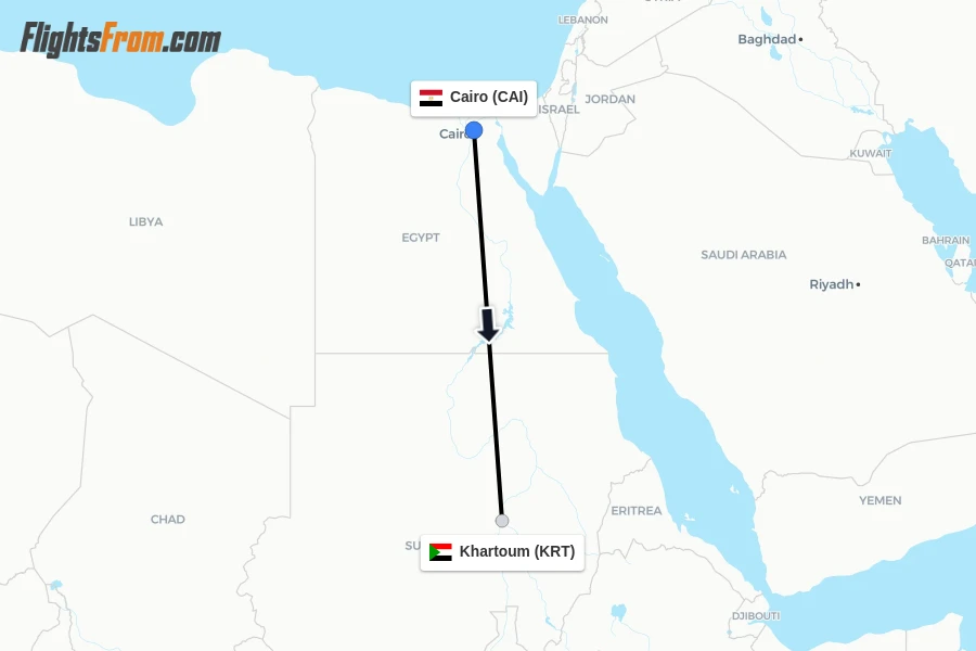 Flights from Cairo to Khartoum route map