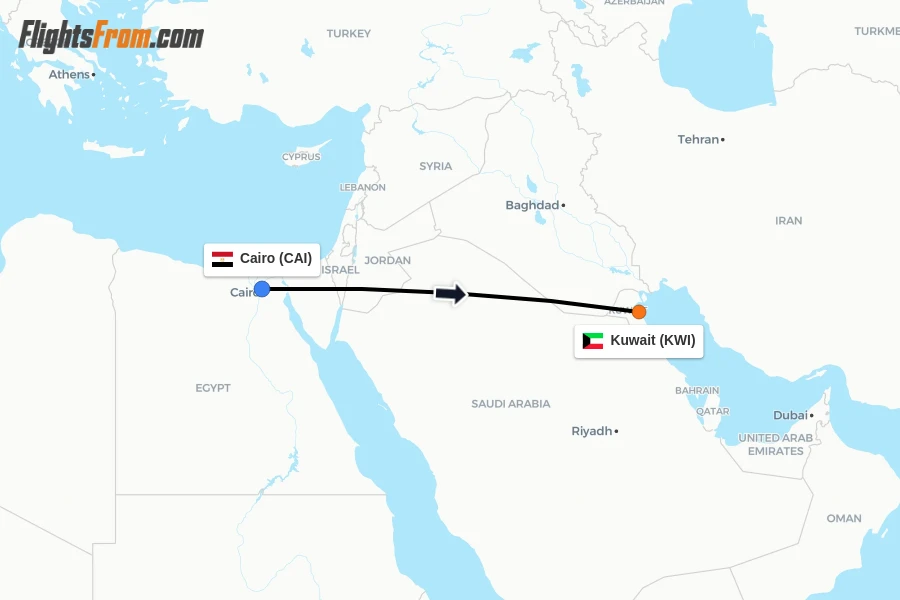 Flights from Cairo to Kuwait route map