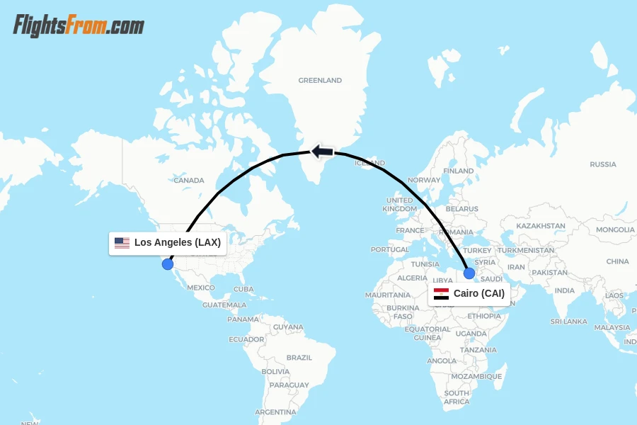 Flights from Cairo to Los Angeles route map