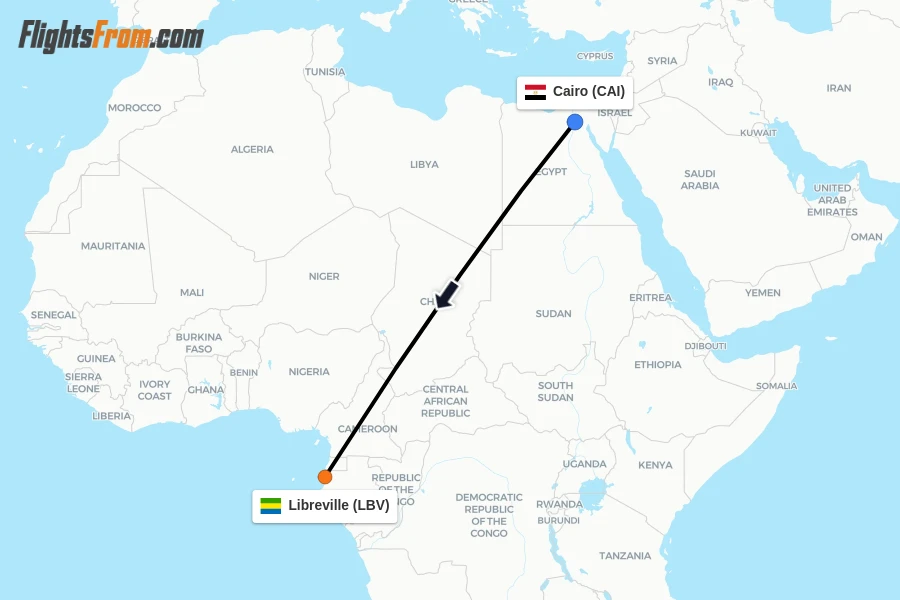 Flights from Cairo to Libreville route map