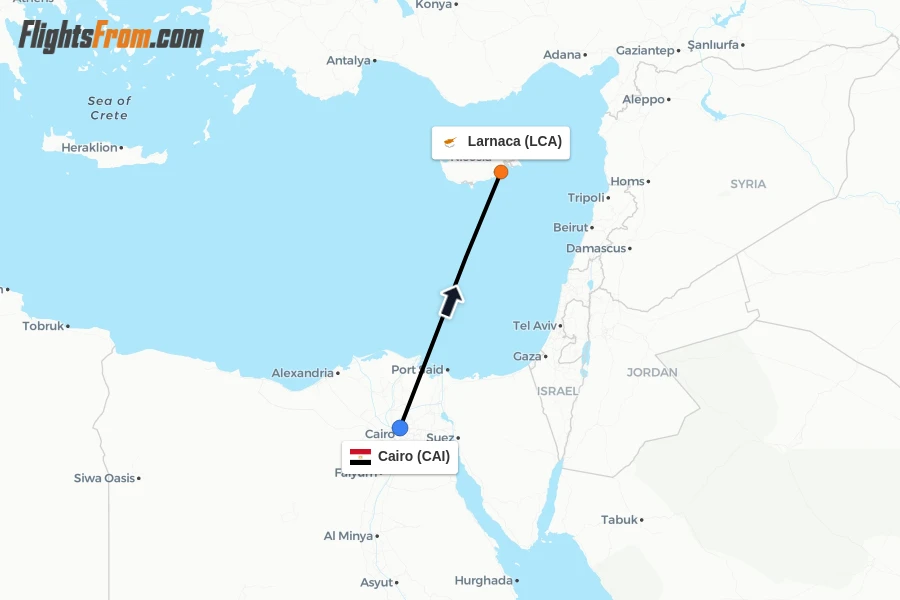 Flights from Cairo to Larnaca route map
