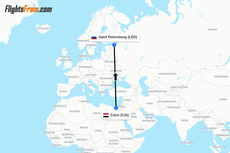 Flights from Cairo to Saint Petersburg route map