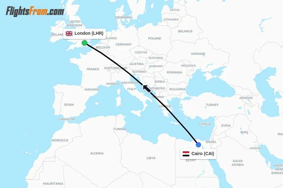 Flights from Cairo to London route map