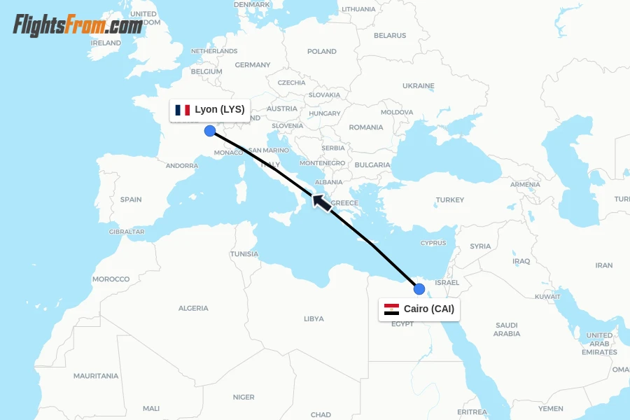 Flights from Cairo to Lyon route map