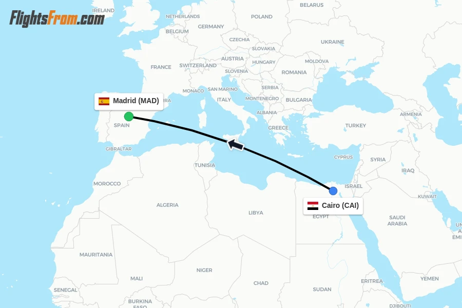 Flights from Cairo to Madrid route map