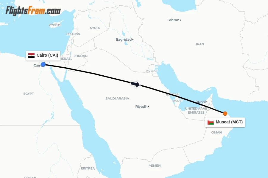 Flights from Cairo to Muscat route map