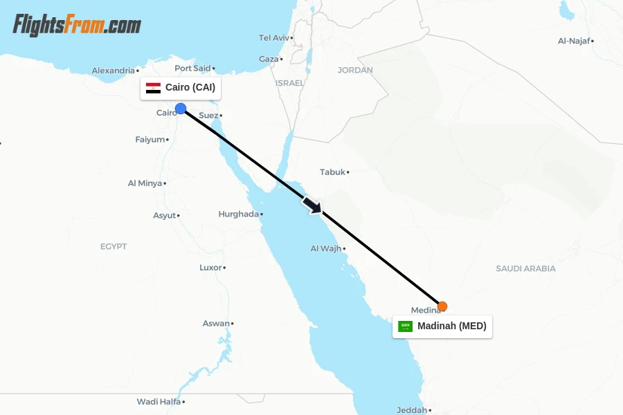 Flights from Cairo to Madinah route map