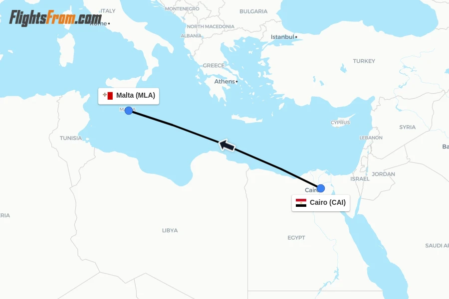 Flights from Cairo to Malta route map