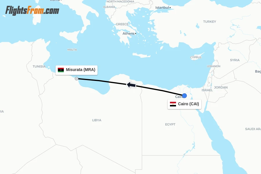 Flights from Cairo to Misurata route map
